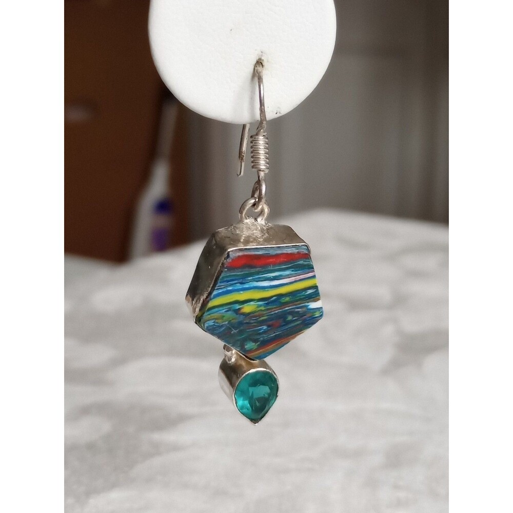 Paint Or Polymer Blue Yellow Marble W Teal Rhinestone Dangle Hook Earrings READ